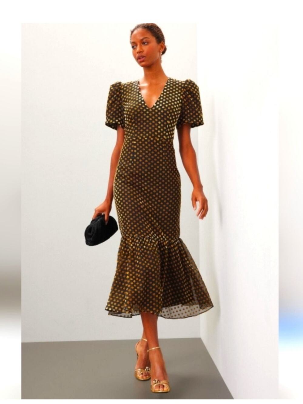 Rhode Anton Dress Short Sleeve Midi Black Gold Polka Dot Sz 10